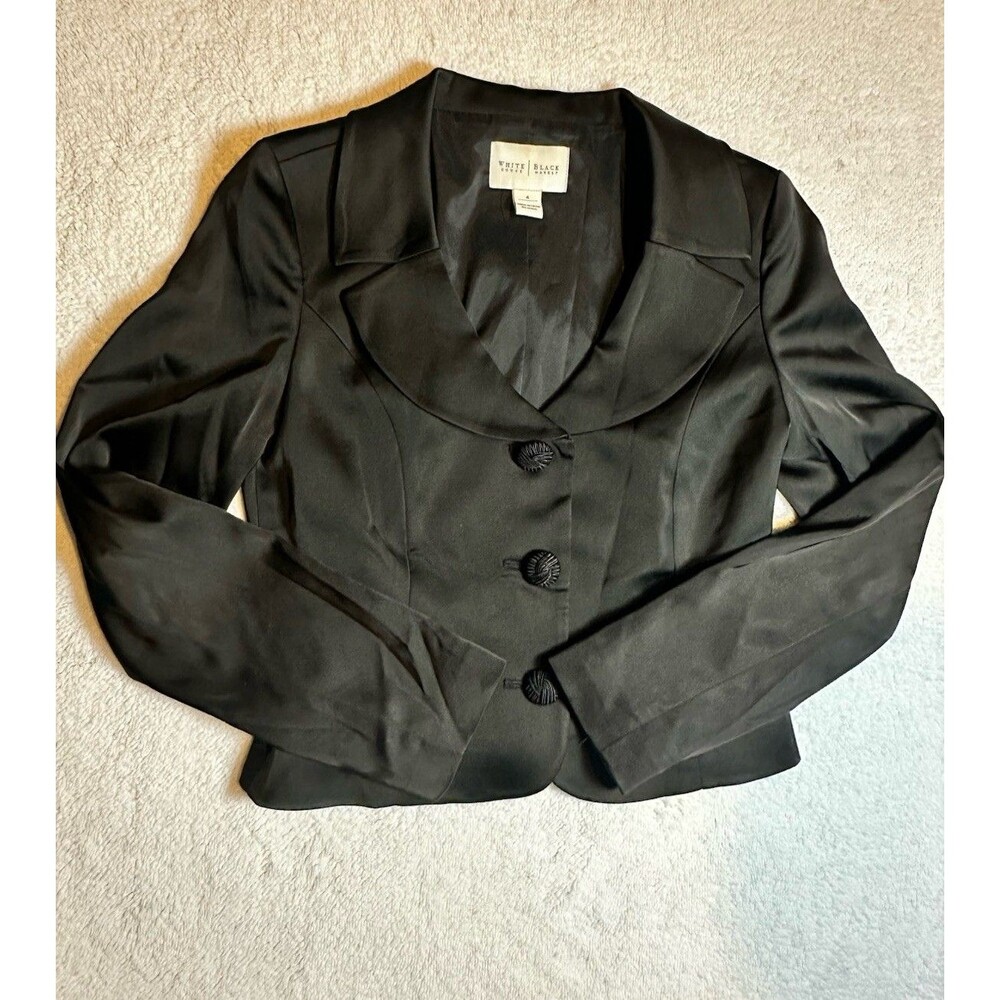 White House Black Market Black Sateen 3 Button Blazer Size 4 WHBM - Picture 2 of 7